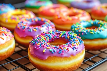 Aufkleber - Colorful donuts with rainbow frosting and sprinkles create a fun display in a playful pop-art style composition