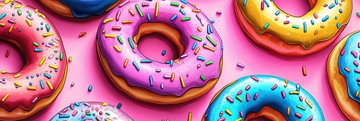 Aufkleber - Colorful donuts with rainbow frosting and sprinkles create a fun, playful atmosphere in a pop-art style setting