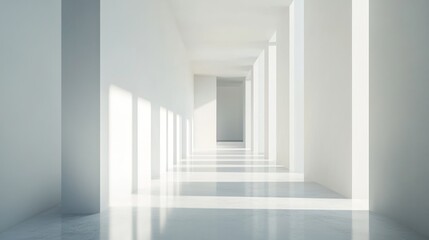 Poster - Sunlit minimalist white hallway with reflective floor.