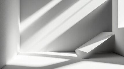 Poster - Sunlit minimalist white room interior with geometric shapes.