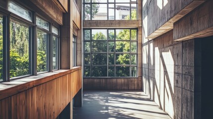 Aufkleber - Sunlit modern building interior with large windows and concrete walls.