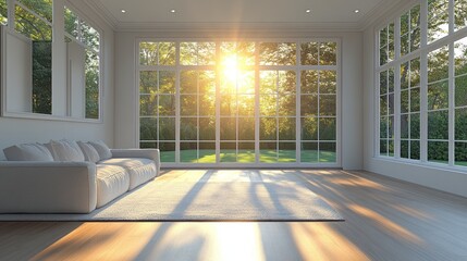 Aufkleber - Sunlit modern living room with large windows, white sofa, and rug, showcasing a tranquil garden view.