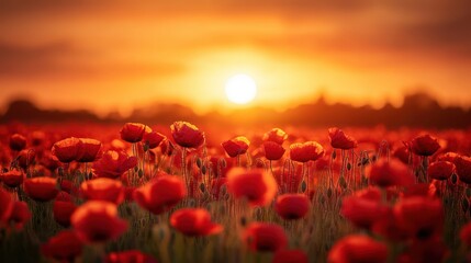 Wall Mural - field of red poppies with a golden sun setting on the horizon. ideal for themes of remembrance, peac