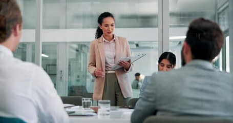 Poster - Meeting, office and woman with documents for business people for feedback, project and finance review. Professional, corporate and men and women with paperwork for discussion, teamwork and planning