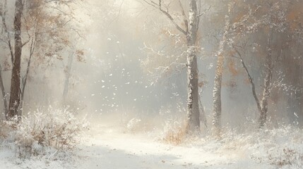Poster - Sunlit path through a snow-covered forest with falling snow.