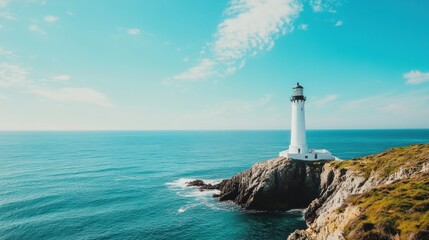 Poster - Coastal lighthouse stands proudly against vibrant blue sky and turquoise sea on a sunny summer day