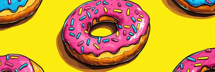 Poster - Bright and playful cartoon donuts with rainbow frosting and colorful sprinkles in a fun pop-art style setting