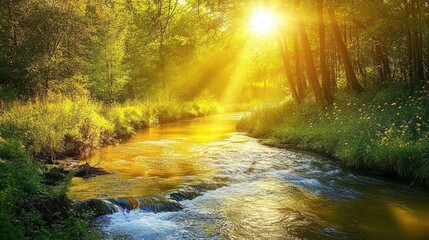 Poster - Sunlit stream flows through lush green forest.