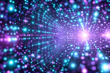 Poster - A digital tunnel of shining particles leading toward a bright light