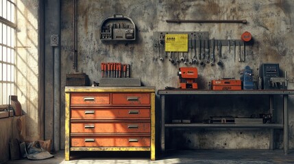 Poster - Sunlit vintage workshop interior with rusty tools, workbench, and metal cabinet.