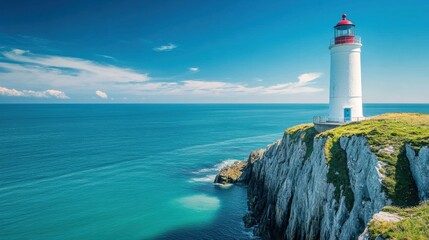Fototapete - Picturesque coastal lighthouse stands against bright blue sky and turquoise sea in stunning summer holiday setting