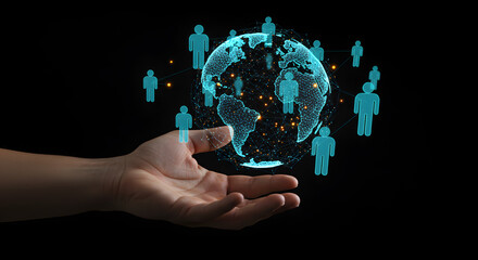 Poster - Global Network Illustration with a Hand Holding a Digital Earth Sphere against a Black Background Representing Connectivity