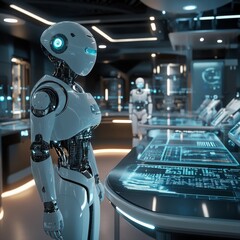 Fototapete - Advanced AI Robot in Futuristic Control Room Analyzing Complex Data, a Vision of Tomorrow's Technology
