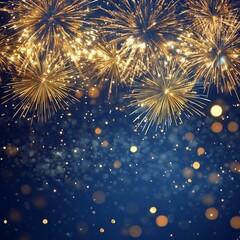 Poster - Golden Fireworks Celebration on Deep Blue Sky with Bokeh Lights, Festive Backdrop for New Year, Anniversary, or Independence Day