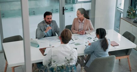 Aufkleber - Business people, group and discussion with document in top view, brainstorming and financial charts. Meeting, office and planning strategy with paperwork, investment data or performance stats above