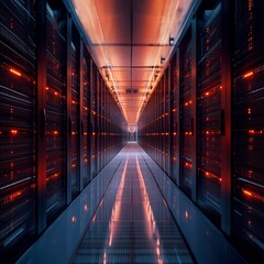 Fototapete - Illuminated Server Room: A Corridor of Data, Power, and Efficiency in Modern Technology Infrastructure