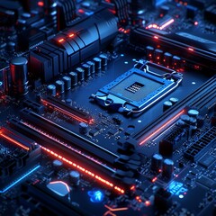 Poster - Modern Motherboard Close-Up: Illuminated Circuitry and Components for High-Performance Computing Hardware