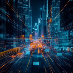 Aufkleber - Neon Nights: A Futuristic Cityscape with Streaks of Light Illuminating the Urban Space