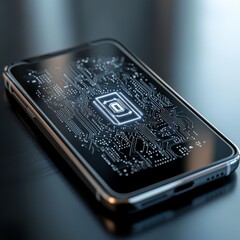 Fototapete - Smartphone displaying a glowing circuit board design, symbolizing technology and digital connectivity.