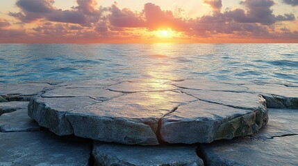 Poster - Sunset over calm ocean, stone platform foreground.