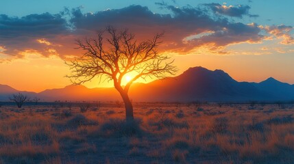 Poster - Sunset silhouettes a barren tree in a vast desert landscape with mountains in the background.