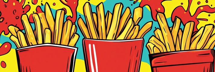 Poster - Bold pop-art illustration featuring playful french fries and vibrant dipping sauces