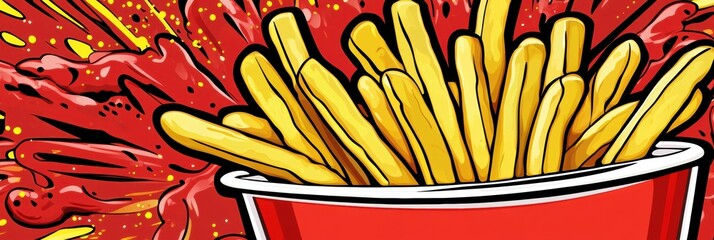 Poster - Bold pop-art illustration featuring vibrant french fries and playful ketchup splashes creating a fun and energetic atmosphere