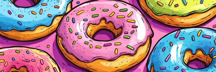 Aufkleber - Playful display of colorful donuts with rainbow frosting and sprinkles in a bright pop-art style composition for a fun dessert experience