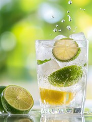 Poster - Refreshing cold lemonade with ice cubes and fresh lime slices in a bright summer setting for a perfect outdoor beverage experience