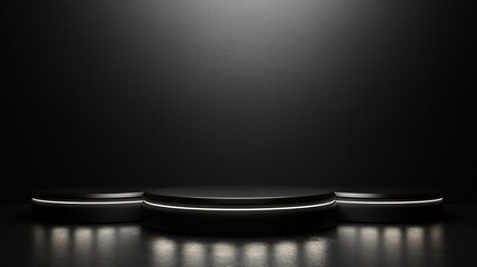 Poster - Three black cylindrical podiums with subtle lighting on a dark background, ideal for product display or award ceremony.