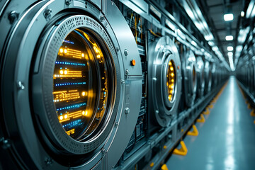 Poster - Futuristic data server rows in a long technological processing corridor