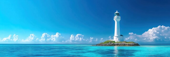 Fototapete - Coastal lighthouse rises majestically above turquoise waters under a bright blue sky, capturing the essence of summer holidays