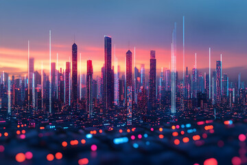 Poster - An abstract depiction of a futuristic city skyline at sunset