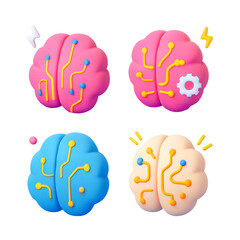 Poster - Colorful 3D brain icons representing different mental activities with transparent background