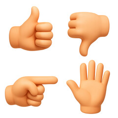 Poster - Hand gestures in three-dimensional design showing thumbs up, thumbs down, pointing finger, and open hand in a transparent background for digital use