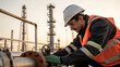 © kanjana - Oil Refinery Worker Maintaining Industrial Pipeline Close-Up