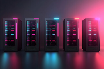 Poster - Five servers are lit by neon lights of various colors