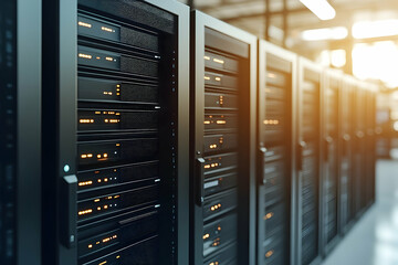 Poster - A data center with many server racks in a row