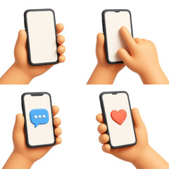 Poster - Illustration of hands interacting with a smartphone showing messaging and liking features in a transparent background setting