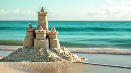 Wall Mural - Elegant sandcastle graces the beach with gentle ocean waves in the background during a sunny day, Elegant sandcastle on beach with ocean waves in background