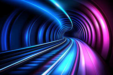 Poster - A futuristic train tunnel with glowing colorful lights and curved tracks