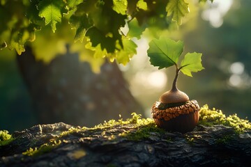 Aufkleber - Small Oak Seedling Growing from Acorn on a Mossy Tree Log