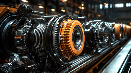Aufkleber - High tech machinery factory setting showcases intricate mechanical components with focus precision engineering. vibrant orange accents contrast with metallic surfaces, creating visually striking