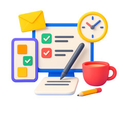 Poster - Digital workspace illustration featuring a computer, checklist, and coffee cup on a transparent background