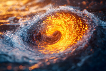Poster - Glowing digital data swirls within a body of swirling turbulent water