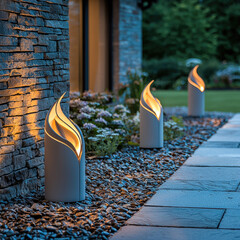 Poster - Modern outdoor lighting enhances garden aesthetics with stylish bollard fixtures. warm glow creates welcoming atmosphere, illuminating pathways and highlighting landscaping features beautifully