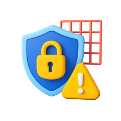 Poster - Illustration of a 3D security icon featuring a shield, padlock, warning sign, and grid in a transparent background design