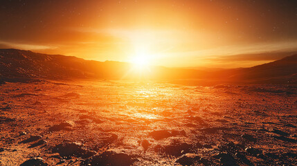 Poster - stunning sunset over Martian landscape, showcasing vibrant orange hues reflecting off rocky terrain. scene evokes sense of wonder and exploration
