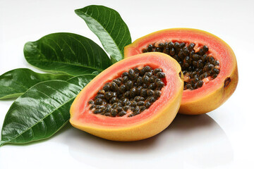 Poster - Fresh papaya cut in half, showcasing its vibrant orange flesh and black seeds, surrounded by green leaves, evokes sense of tropical freshness and health