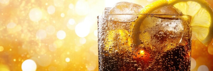 Poster - Refreshing ice cold soda with lemon slices and fizzy bubbles against a bright background showcasing ultra-detailed liquid effects